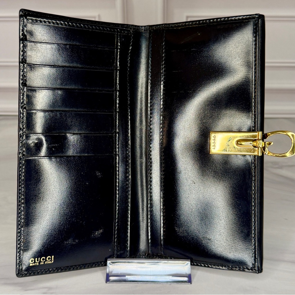 Gucci Queen Margaret Navy Blue Patent Leather Long Bifold Horsebit Wallet - Picture 5 of 7